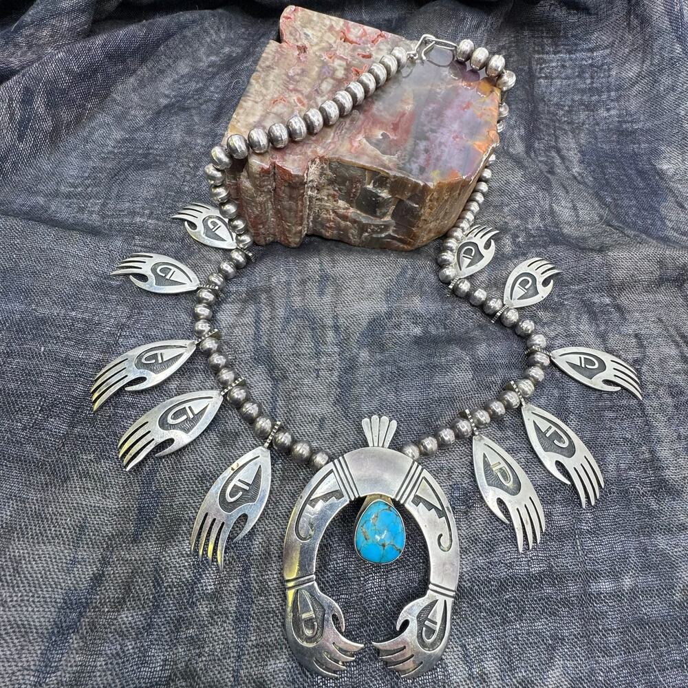 Vintage Silver & Turquoise Hand Squash Blossom Necklace - Picture 2 of 6